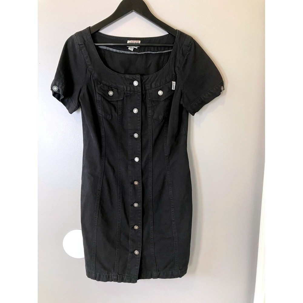 Vintage GUESS Jeans Black Denim Button Front Mini Dress Size 11 Y2K Indie Sleaze
